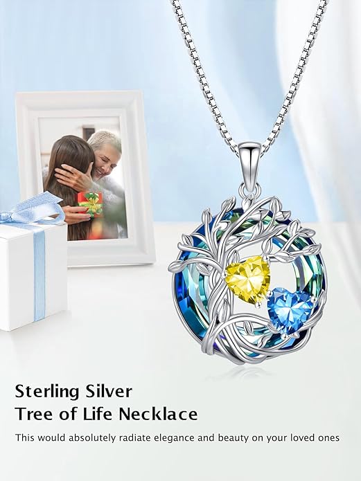 TOUPOP s925 Sterling Silver Family Celtic Tree of Life Pendant Necklaces with 2 Heart Birthstone with Blue Austrian Crystal Jewelry Birthday Anniversary Christmas Gifts for Her Wife Girlfriend Mom (18K Real White Gold Filled)