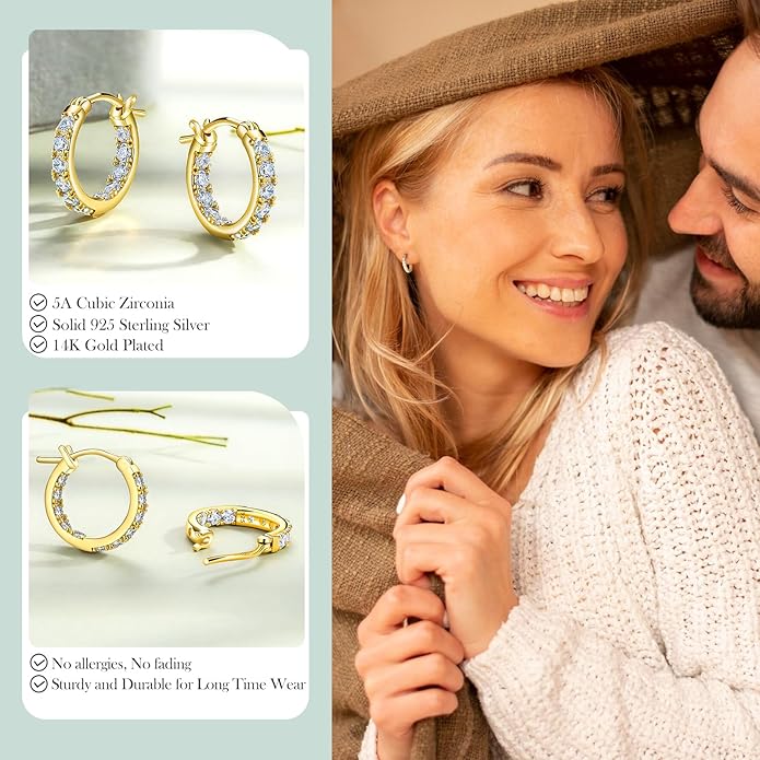 Yellow Gold Plated/925 Sterling Silver Sparkle Cubic Zirconia Hoop Earrings for Women fit Sensitive Ears 14mm/20mm/26mm Huggie/Medium/Large Hoops(with Gift Box)