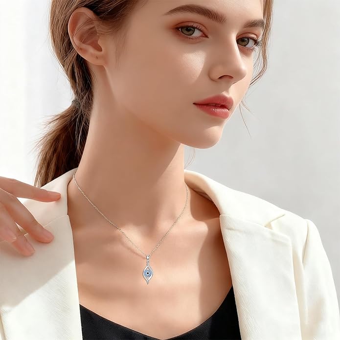 Evil Eye Necklace 925 Sterling Silver Nazar Eye Pendant Necklace Protection Amulet Jewelry Gifts for Women Men