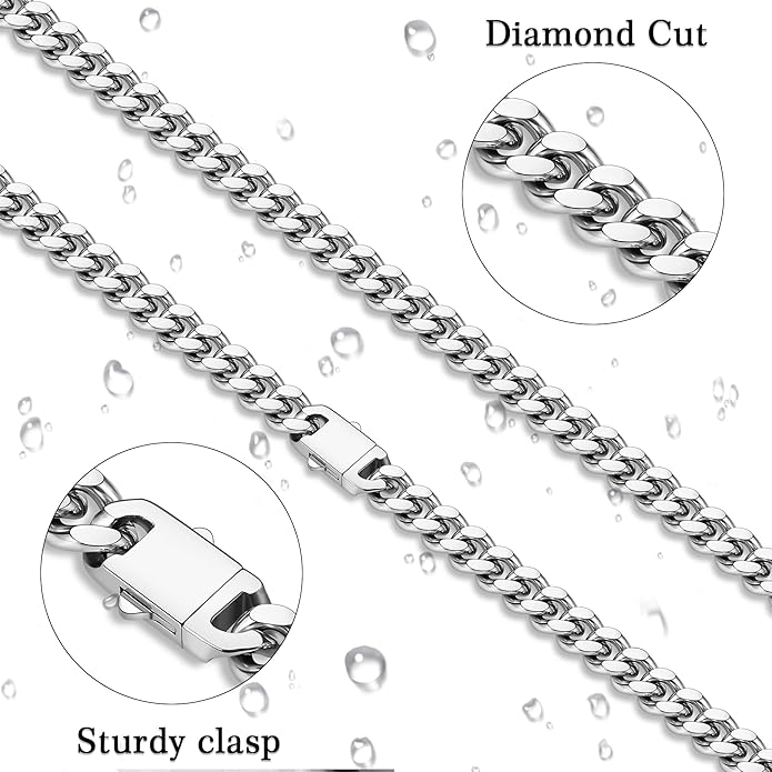 Fiusem Valentines Day Gifts for Him Silver Tone/Black/14K Gold Plated Chain Necklace for Men, 5mm/6mm/7.5mm/8mm/9mm Stainless Steel Cuban Link Chain Necklace, Men's Chains 18-28 Inch Jewelry Gifts