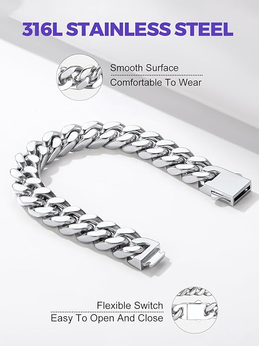 Richsteel 5/7/9/12mm Wide Miami Cuban Link Chain Bracelet for Men Women,Stainless Steel/Gold/Black Plated,7.4/8.2/9 Inch Length,Hip Hop Urban Street-wear Jewelry(Gift Wrapped)