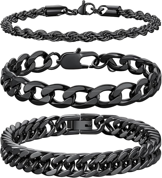 Richsteel 2PCS/3PCS Bracelets Chain for Men Women Stainless Steel Silver/Gold/Black Cuban/Rope Link Chain Bracelets Set, 7.4/8.2/9 Inch Hand Chain Length for Men Women Jewelry