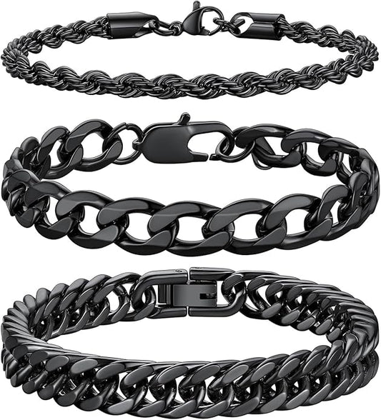 Richsteel 2PCS/3PCS Bracelets Chain for Men Women Stainless Steel Silver/Gold/Black Cuban/Rope Link Chain Bracelets Set, 7.4/8.2/9 Inch Hand Chain Length for Men Women Jewelry