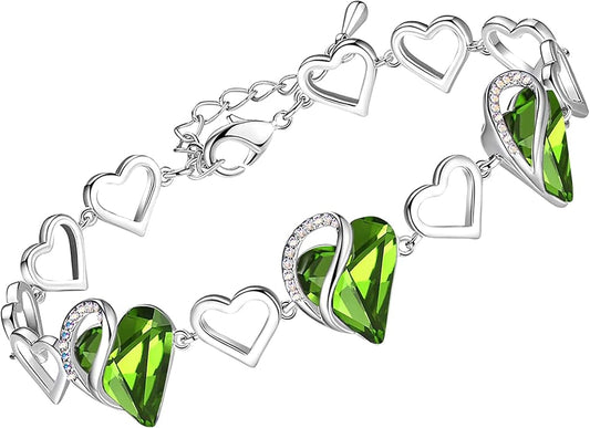 Leafael Infinity Love Heart Link Bracelets, Birthstone or Healing Stone Crystal Bracelet for Women, Silver Tone Jewelry Gifts for Her, 7-inch Chain and 2-inch Extender