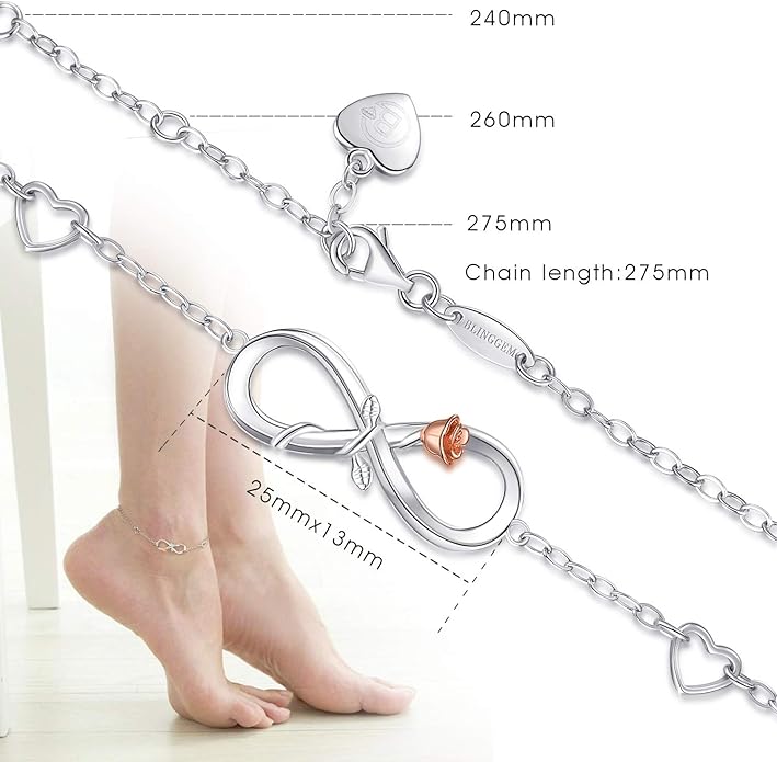 BlingGem Anklets for Women 925 Sterling Silver Infinity Hear Ankle Bracelet Cubic Zirconia Rose Gold Summer Beach Stylish Foot Chain Summer Vacation Jewelry Gift for Mom Women