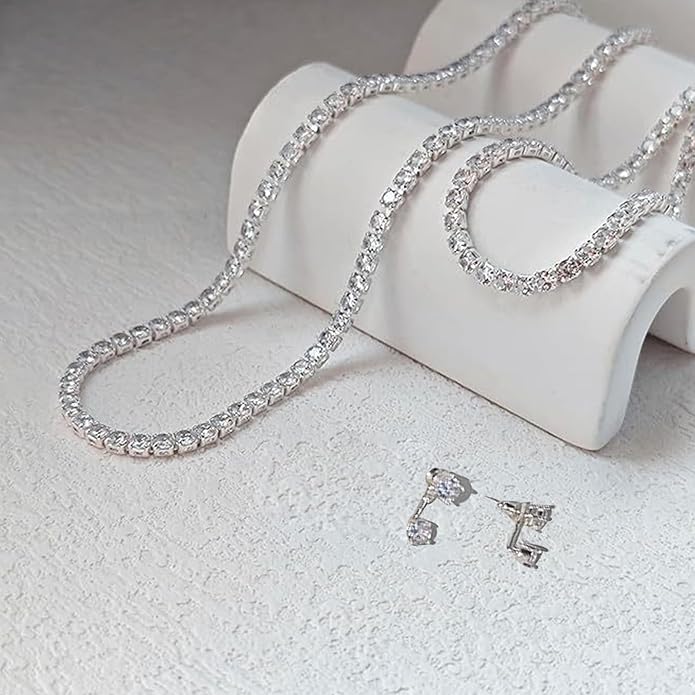 Wsedeluo Sterling Silver Jewelry Set for Women, Diamond Tennis Necklace Bracelet with Stud Earrings, Elegant Women Gift Set for Wedding, Birthday, Valentine’s Day,Engagement, Anniversary, Christmas