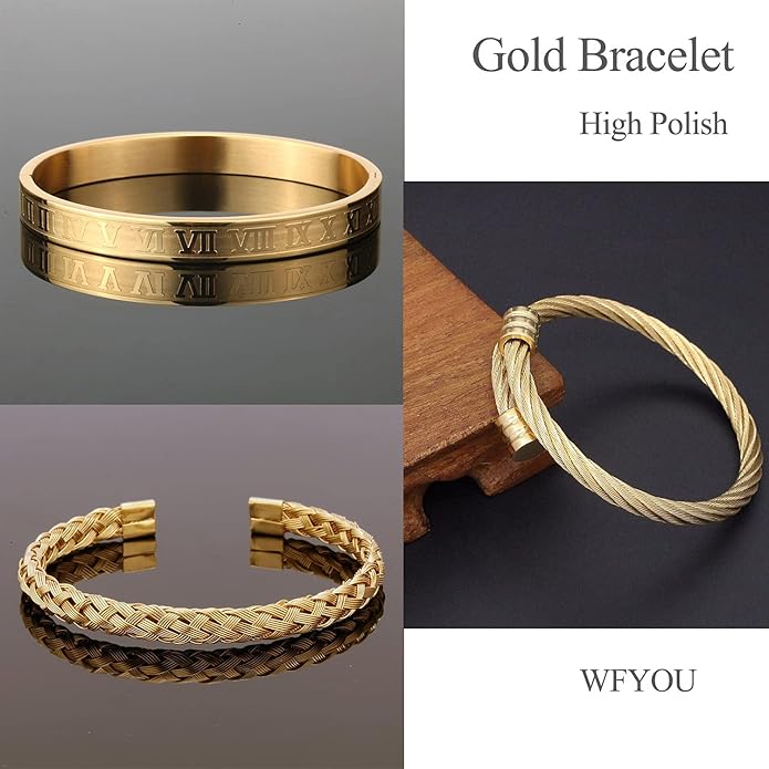 WFYOU 3PCS Stainless Steel Bracelets for Men Gold Roman Numeral Bangle Bracelet Twisted Cable Bracelet Adjustable Cuff Bracelet Mens Luxury Jewelry Bracelets Gifts