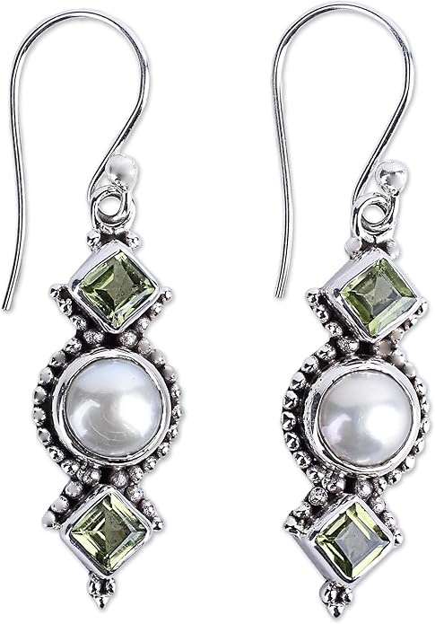 NOVICA Artisan Crafted Sterling Silver Cultured Pearl Peridot Earrings | Multi Gemstones Dangle | Cluster pearl Freshwater | Hypoallergenic Jewelry | Lead & Nickel Free | Long French Wire Hook | '