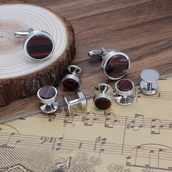 Mens Cufflinks and Studs Set for Tuxedo Shirt Mother of Pearl with a Gift Box (Tiger Eye Stone)