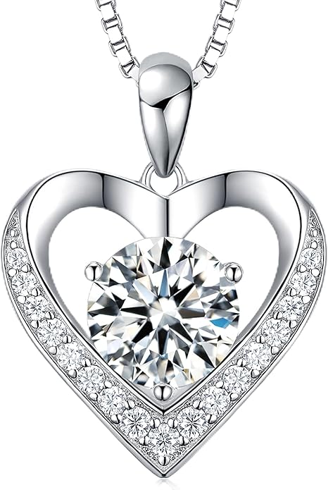 Moissanite Necklace for Women, Heart Pendant Engraved 'I Love You' Gifts for Wife, Valentine's Day Gift Anniversary Eternity Birthday Present Sterling Silver Jewelry for Her