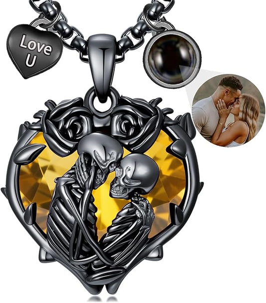 Flpruy 925 Sterling Silver Black Gothic Jewelry Gifts Skeleton Couple Pendant Crystal Birthstone Heart Necklace Punk Romantic Jewelry for Lover Men Women