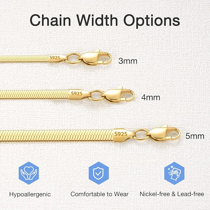 Jewlpire 925 Sterling Silver Herringbone Necklace for Women, 3mm 4mm 5mm Necklace for Women Herringbone Chain Necklaces Dainty Women's Chain Necklaces 16 18 20 22 24 Inch