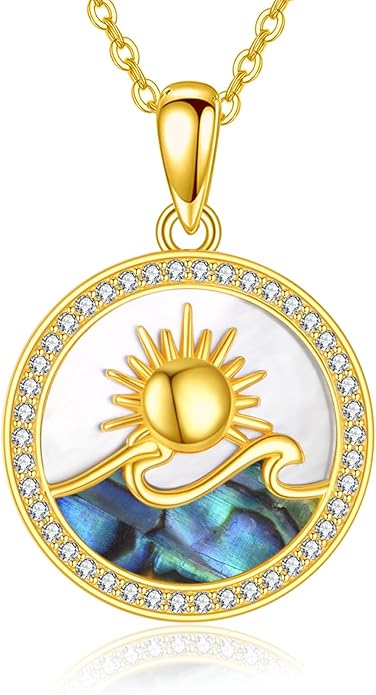 Mother Of Pearl Sunset Necklace 18K Gold Plated Over 925 Sterling Silver Sunset Abalone Shell Pendant Jewelry for Women