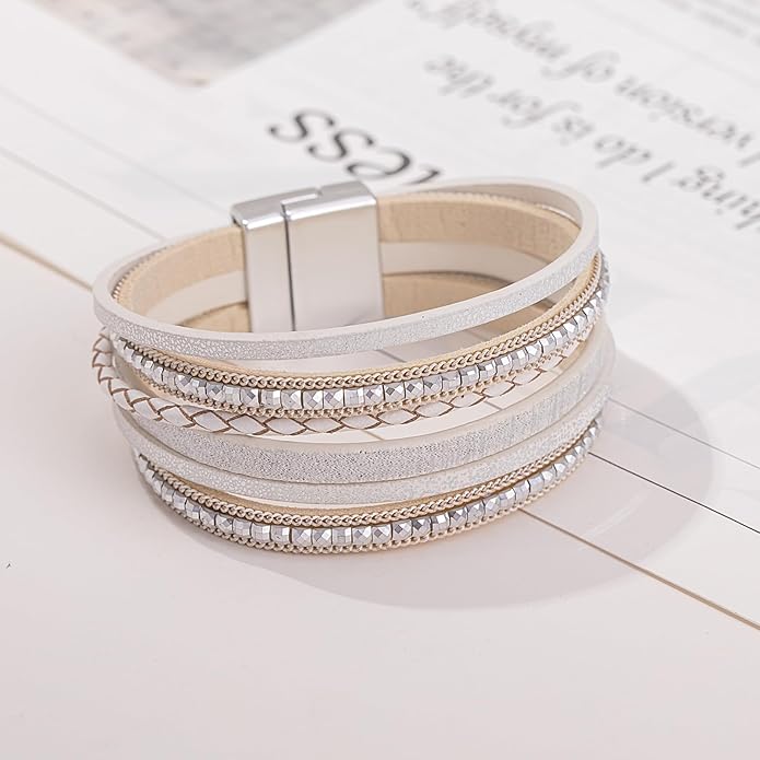FANCY SHINY Boho Leather Wrap Bracelets Trendy Layered Bracelets with Magnetic Clasp Strackable Bohemian Jewelry Gifts for Women