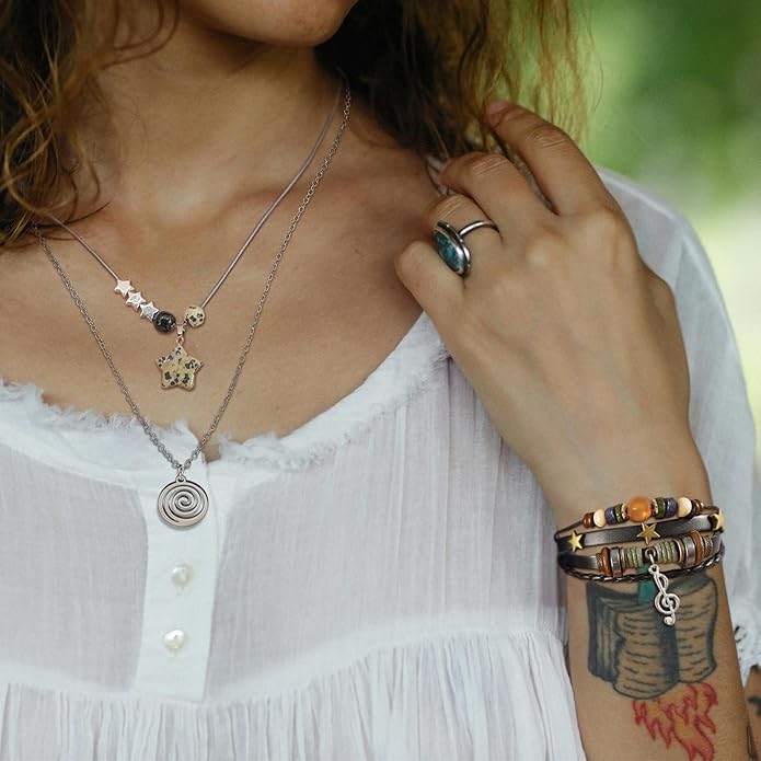 Multilayer Y2k Star Necklace Fairy Grunge Bracelets Set Handmade Fairycore Grunge Jewelry Gothic Swirl Star Necklace Punk Rock Roll Music Guitar Grunge Accessories for Women Men