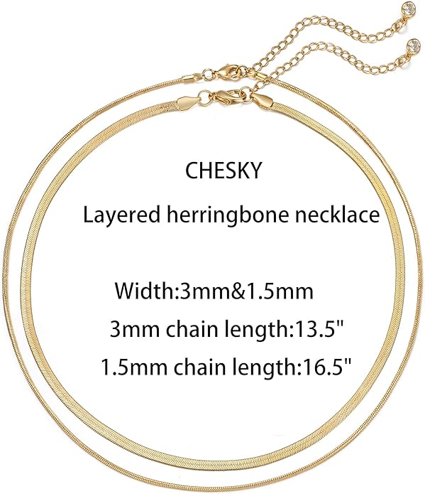 CHESKY 14K Gold/Silver Plated Snake Chain Necklace Herringbone Necklace Gold Choker Necklaces for Women Gifts Jewelry 1.5/3/5MM(W) 14"/16"(L)