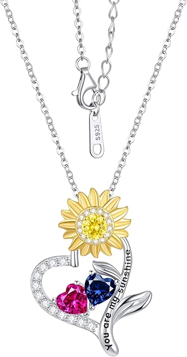 PERJI Valentine's Day Gifts for Women - 925 Sterling Silver Double Birthstone Sunflower Necklace, Anniversary Birthday Jewelry You are My Sunshine Gifts for Wife Couple Girlfriend 18"+2" Non Tarnish