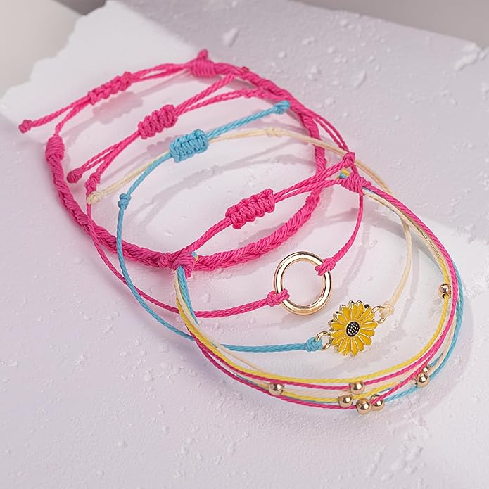 FANCY SHINY Sunflower String Bracelet Boho Braided Rope Wrap Bracelets Cute Summer Beach Surfer Jewelry for Women