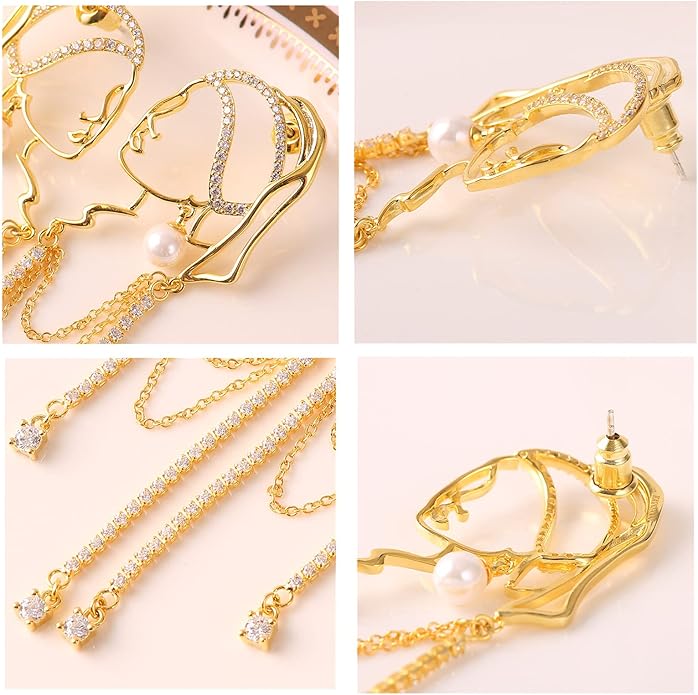 Unique Abstract Face Art | Dangle Statement Long Earrings for Women | Rhinestone Tassel Handmade Chandelier Earrings
