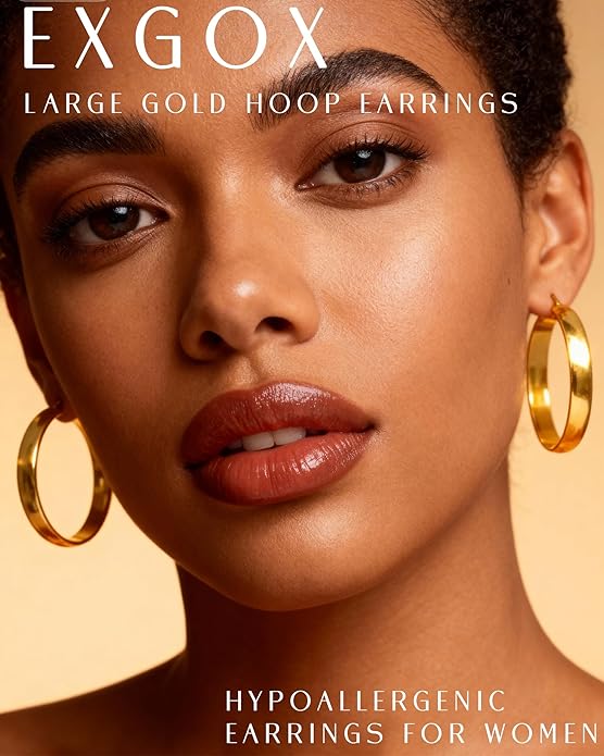 EXGOX 5mm Wide Gold Hoop Earrings for Women,Sterling Silver Hoop Earrings Large Silver Hoop Earrings Hypoallergenic Lightweight 14K Real Gold Plated Big Hoop Earrings for Women 30/40/50/60/70mm