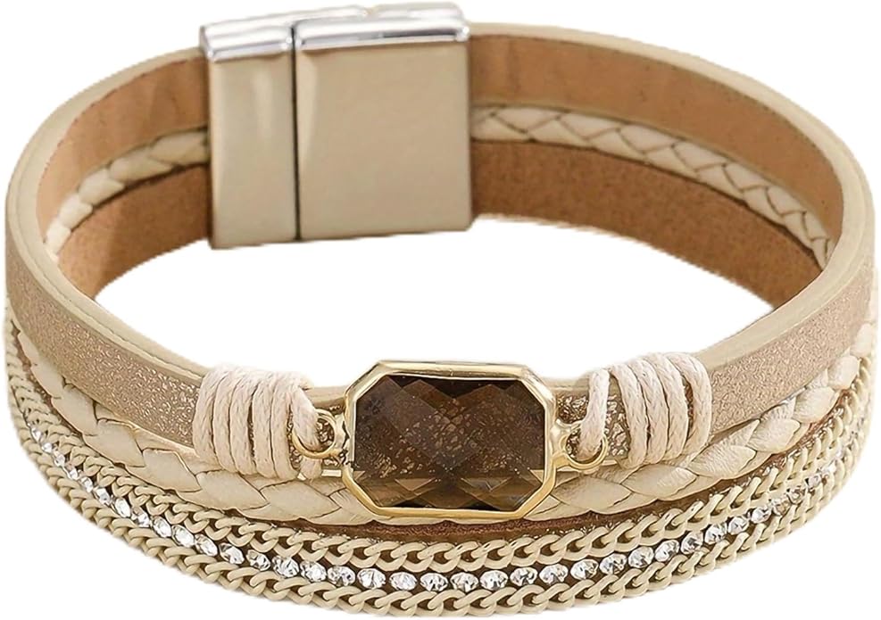 Fesciory Leopard Bracelet for Women, Boho Leather Wrap Multi-Layer Pearl Crystal Bracelet Bangle Jewelry