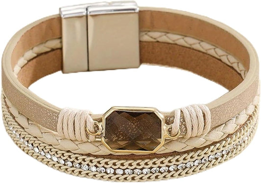 Fesciory Leopard Bracelet for Women, Boho Leather Wrap Multi-Layer Pearl Crystal Bracelet Bangle Jewelry