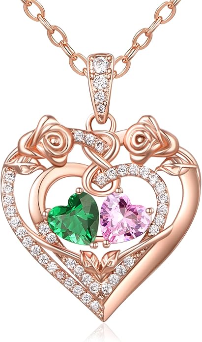 JIYVY32 Rose Heart Necklace for Women Exquisite 925 Sterling Silver Anniversary Birthday Gifts for Wife Mom Her Double Birthstone Pendant Jewelry