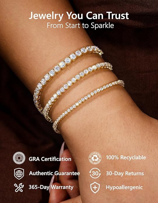 KRKC&CO Lab-Grown Moissanite Tennis Bracelet Women, Luxury Anniversary Wedding Bridal Gift for Wife, 2.2-13.8 ct.tw, D Color VVS1, 925 Sterling Silver 14K Golden Plated, Hypoallergenic, Everyday Jewelry