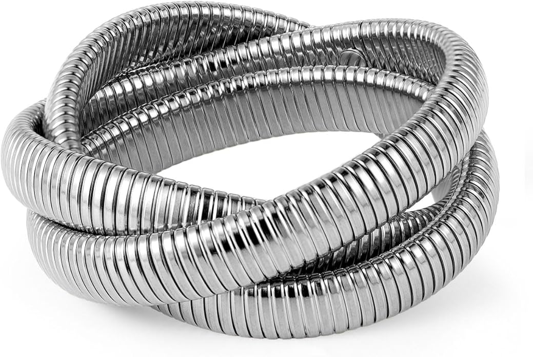 Emibele Gold Bangles Bracelet Set for Women, 18K Gold Plated Chunky Stainless Steel Non Tarnish Stretch Bracelet Stack, Flexible Wide Wristband Bangle Layered Snake Chain Bracelets