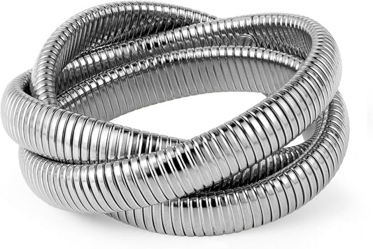Emibele Gold Bangles Bracelet Set for Women, 18K Gold Plated Chunky Stainless Steel Non Tarnish Stretch Bracelet Stack, Flexible Wide Wristband Bangle Layered Snake Chain Bracelets