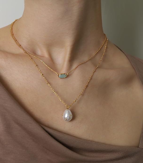 OZEL JEWELRY & GIFT Layered Gold Necklaces for Women - Crystal Colorful Delicate Cutting Pendant Necklace - 18K Gold Plated - Birthday Gifts (Made in Korea)