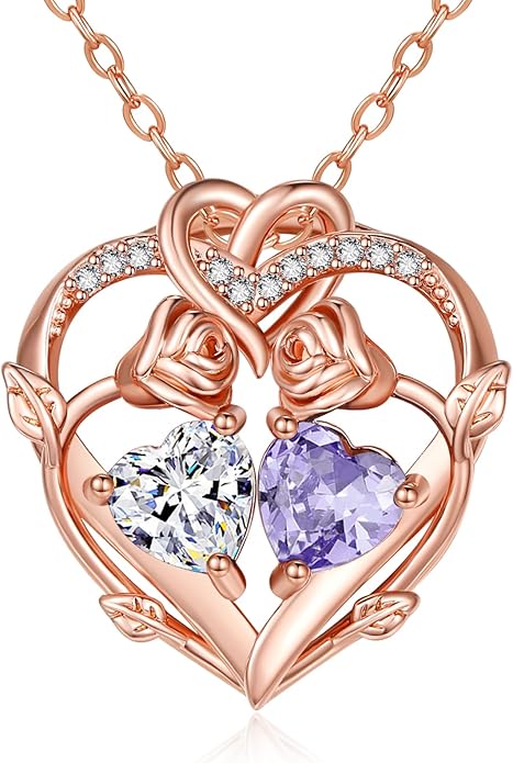Rose Gold Necklaces for Women Double Birthstone Rose Flower Heart Pendant Necklace Jewelry Anniversary Christmas Valentine's Mother's Day Birthday Gift for Wife Mom Her Girlfriend Sister