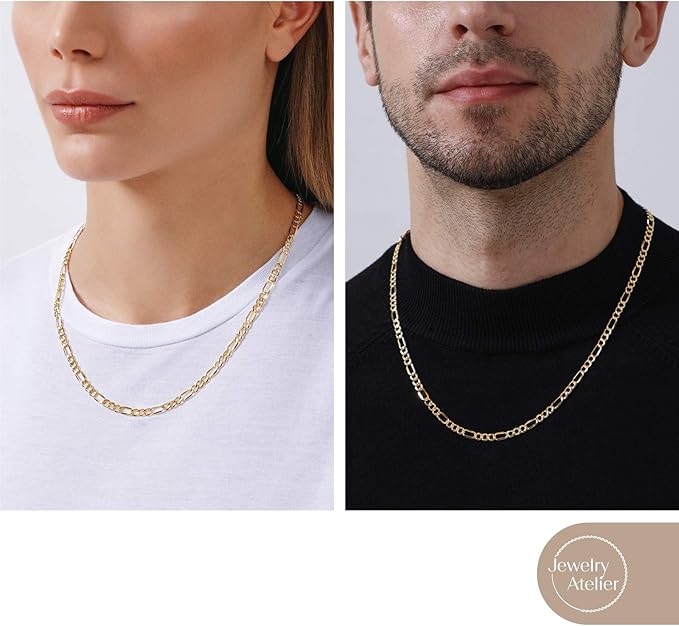 Jewelry Atelier Gold Chain Necklace Collection - 14K Solid Yellow Gold Filled Figaro Chain Necklaces for Women and Men with Different Sizes (2.8mm, 3.7mm, 4.7mm, 5.6mm)
