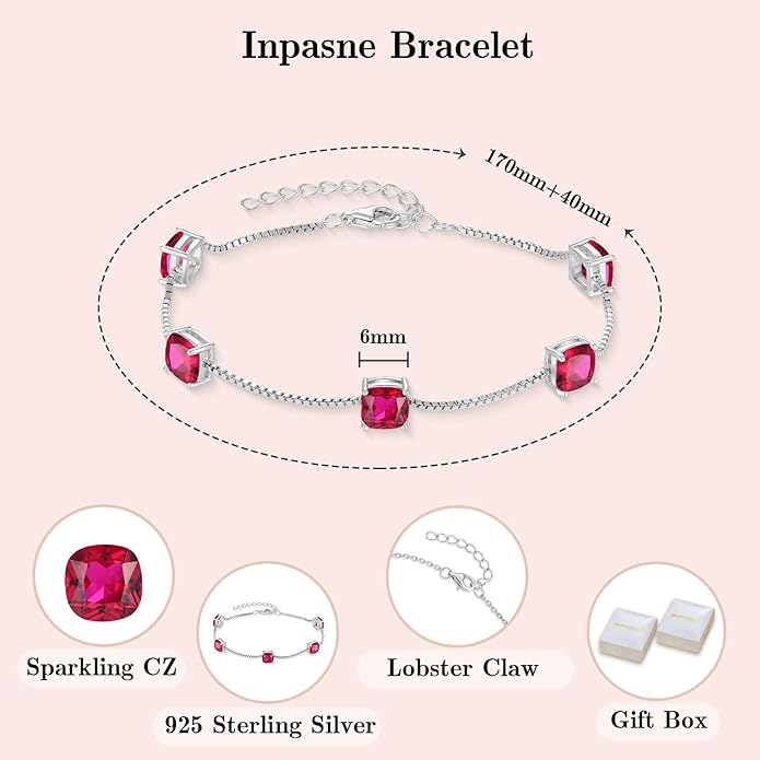 Birthstone Bracelet for Women 925 Sterling Silver Dainty Princess Cut Link Bracelet Jewelry Gifts for Her