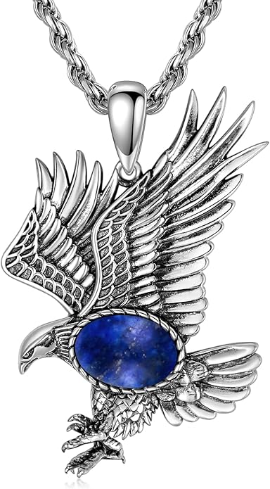 BETHZA Eagle Necklace for Men 925 Sterling Silver Real Gemstone Vintage Hawk Pendant Western Viking Animal Jewelry Gifts for Father
