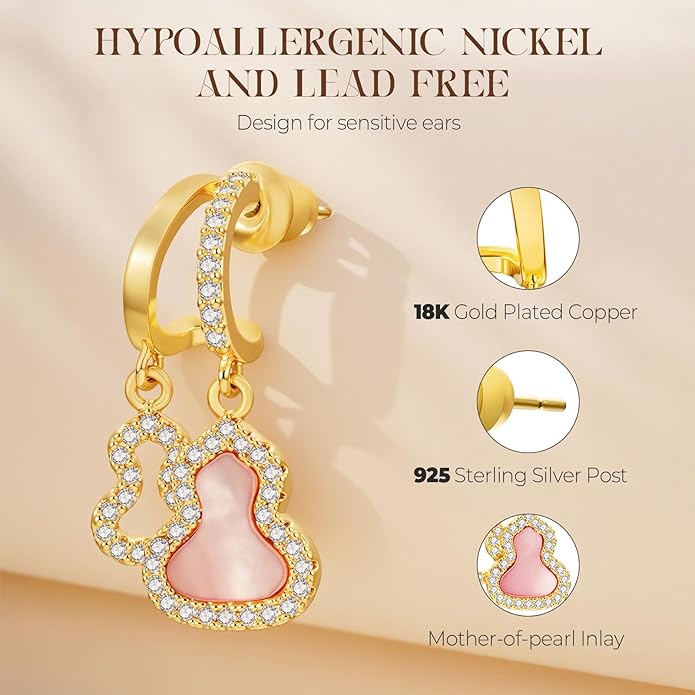 18K Gold Plated Small Dangle Earrings for Women Pink Mother of Pearl Double Hoops Hypoallergenic Sterling Silver Lightweight drop Earrings