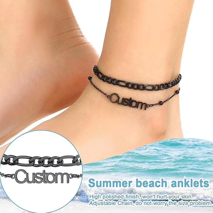 U7 Custom Layered Ankle Bracelets for Women Stainless Steel Bead/Cuban/Figaro/Rope/Wheat Chain Anklet Waterproof Anklet Jewelry for Beach Vacation