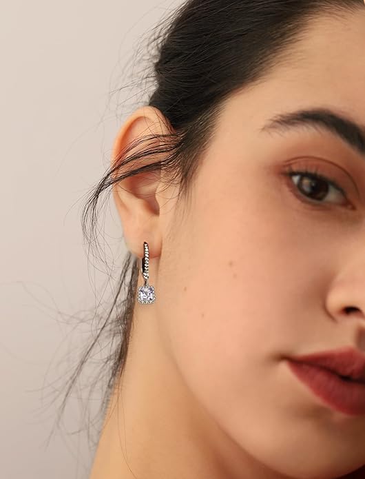 Square Dangle Drop Earrings Sterling Silver Halo Leverback Earrings Birthstone Jewelry for Women