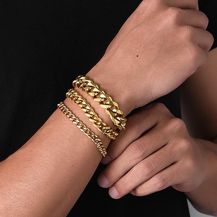 U7 Link Bracelets for Men, Cuban Link/Rope/Watch Band Solid Bracelet, Silver Black Gold Color Wrist Bracelet 3/6/9/12/15mm Width, 6.5/7.5/8.3 Inch Length, Hand Chain Jewelry for Mens Women