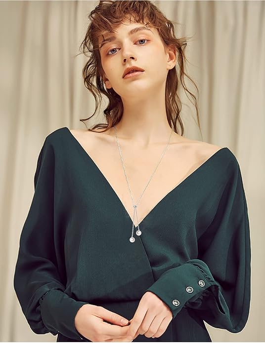 YinShan Long Chain Dainty Necklace Simple Style 925 Sterling Silver Heart Pearl Star Pendant Adjustable Y Shaped Necklace Jewelry for Women
