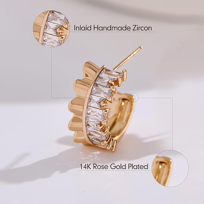 14K Gold & Rose Gold Hoop Earrings for Women, Chunky Huggie Half Hoops Earrings, Hypoallergenic Non Tarnish Cubic Zirconia Trendy Minimalist Everyday Jewelry Gift