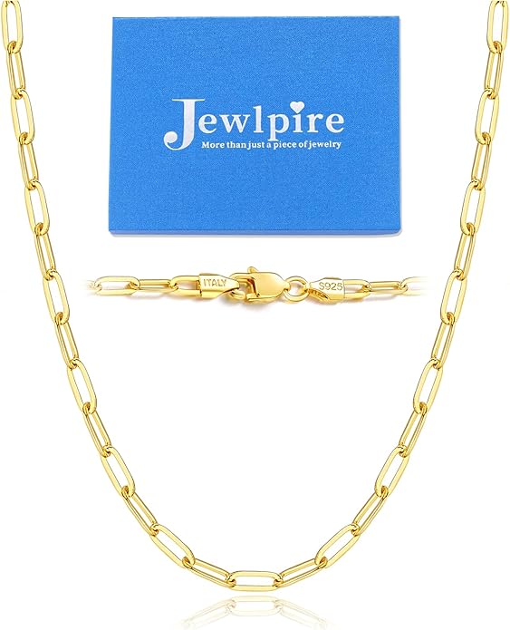 Jewlpire 14K Gold Plated 925 Sterling Silver Paperclip Chain Necklace for Women, 2.5mm 3mm Necklace for Women, Comfortable Women's Chain Necklaces 16 18 20 22 24 26 Inch