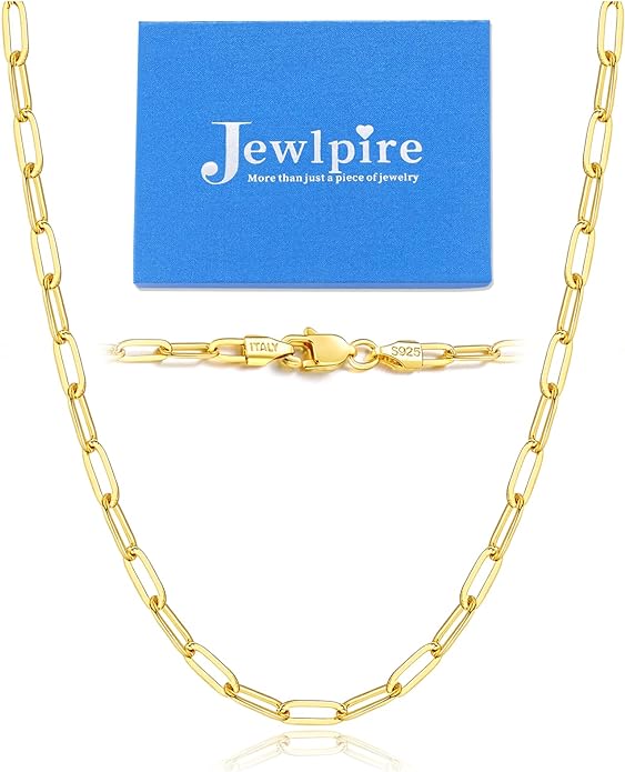 Jewlpire 14K Gold Plated 925 Sterling Silver Paperclip Chain Necklace for Women, 2.5mm 3mm Necklace for Women, Comfortable Women's Chain Necklaces 16 18 20 22 24 26 Inch
