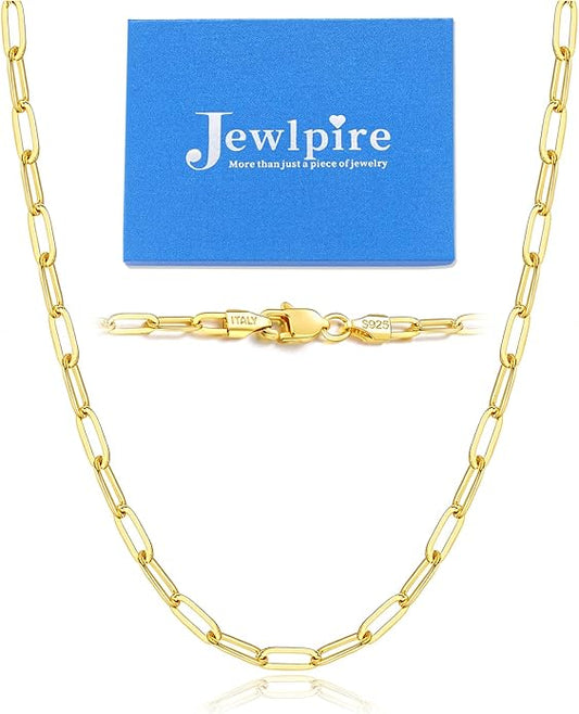 Jewlpire 14K Gold Plated 925 Sterling Silver Paperclip Chain Necklace for Women, 2.5mm 3mm Necklace for Women, Comfortable Women's Chain Necklaces 16 18 20 22 24 26 Inch