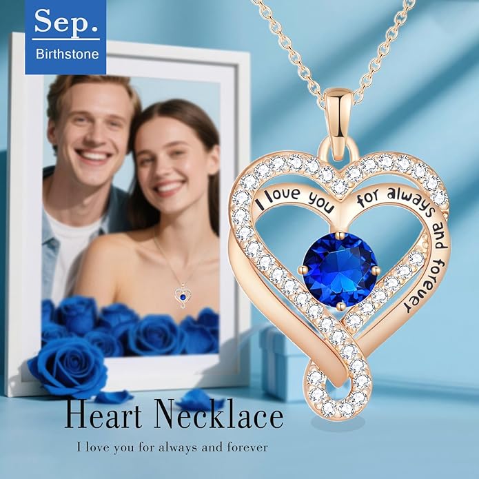 Birthstone Heart Necklaces for Women, Infinity Pendent S925 Sterling Silver Jewelry for Women, Wedding Anniversary, Birthday Mother’s Day Gifts for Mom, Mother, Wife, Girlfriend