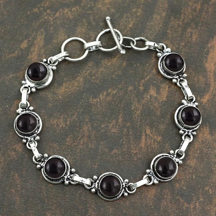 Round Shape Natural & Synthetic Gemstones Silver Plated Bracelets for Women - Vintage Bohemian Style Handmade Birthstone Adjustable Link Bracelet Jewelry Gifts for Wedding Anniversary Mother's Day