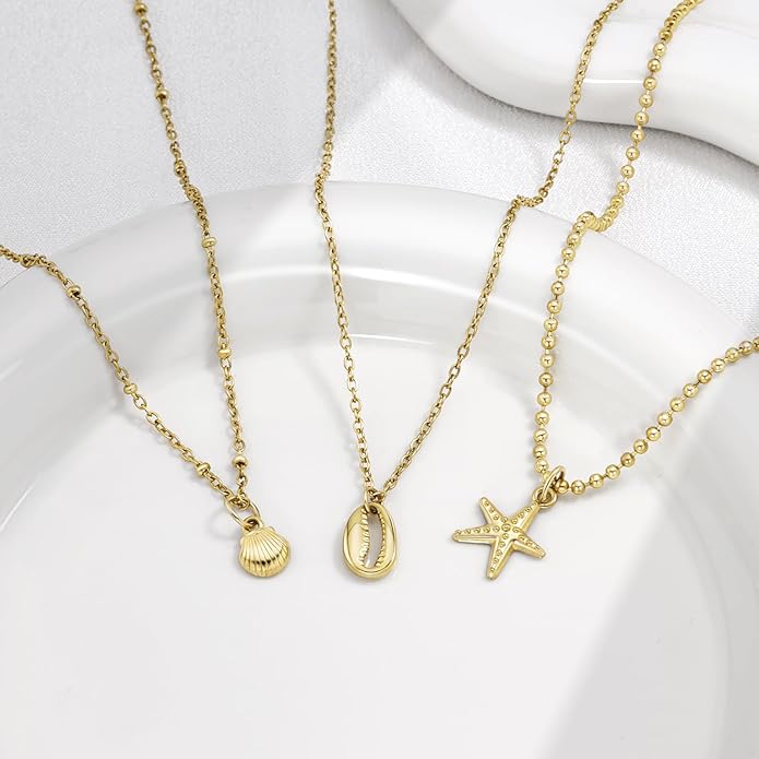 Shell Necklace for Women,14k Gold Plated Layered Starfish Conch SeaShell Pearl Pendant Charm Necklace,Non Tarnish Adjustable Stainless Steel Chain Stack Jewerly for Summer Beach Vacation