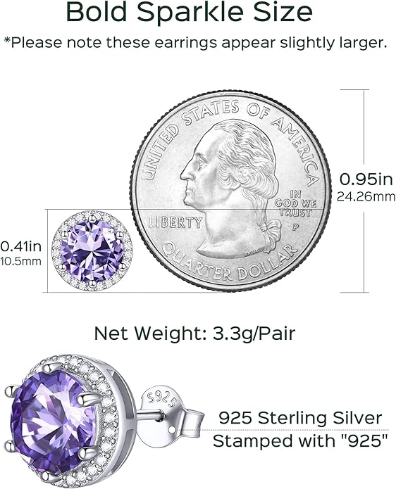 ChicSilver 925 Sterling Silver Birthstone Earrings for Women, 8MM/2 Carat Heart & Round Cubic Zirconia Stud Earrings, Hypoallergenic Jewelry, Ideal Birthday or Christmas Gifts