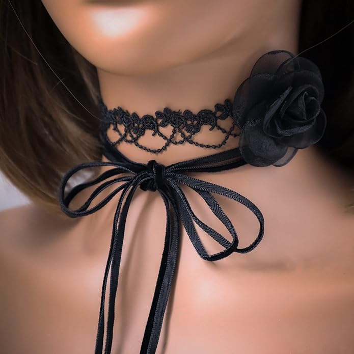 Black Choker Camellia Flower Lace-up Necklace For Women