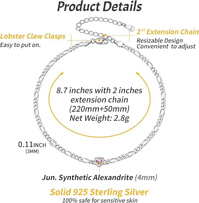 ChicSilver Sterling Silver Anklets Bracelets for Women, Figaro Chain Heart/Round Birthstone Anklet for Women Waterproof, Dainty Herringbone Ankle Bracelet Summer Beach jewelry